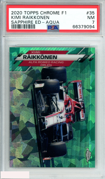 2020 TOPPS CHROME F1 KIMI RAIKKONEN #35 SAPPHIRE ED-AQUA 18 OF 99 PSA 7 NM