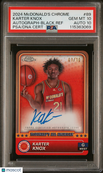 2024 Topps Chrome McDonald's Karter Knox #89 Autograph Black Refractor /10 PSA 10 Auto 10