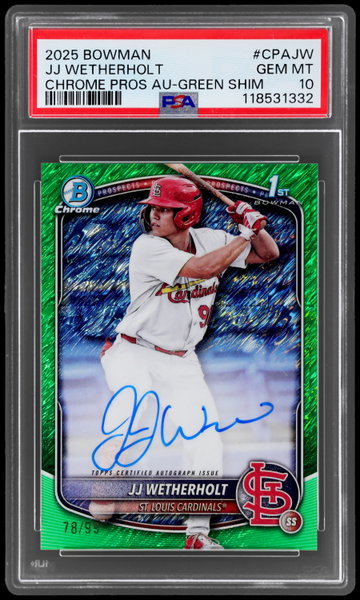 2025 Bowman Chrome Jj Wetherholt Prospect Autograph Green Shimmer Refractor PSA 10