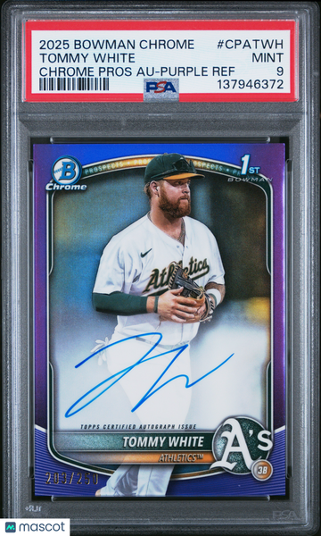 2025 Bowman Chrome Prospect Autographs Tommy White #CPATWH Purple Ref /250 Rookie PSA 9