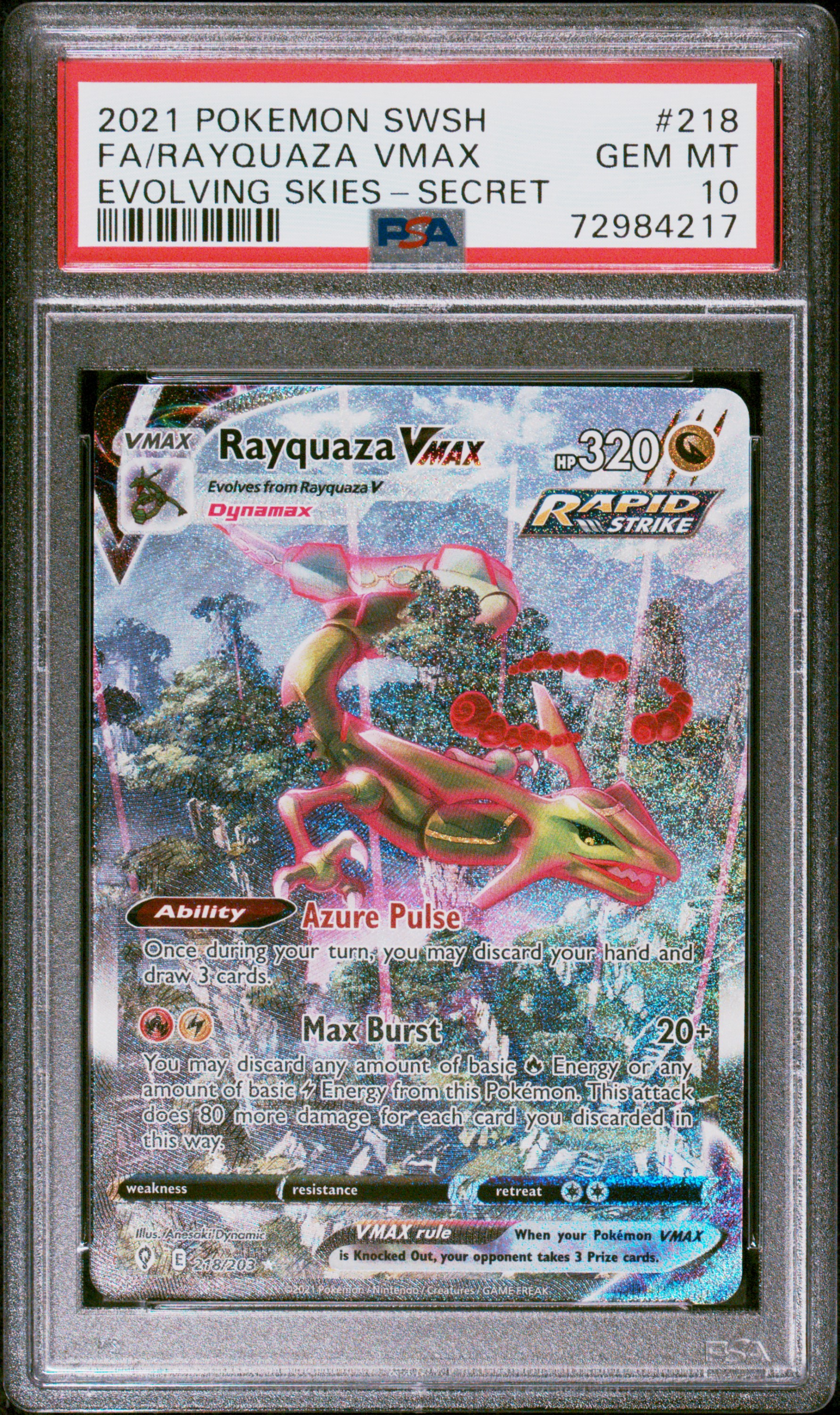 2021 Pokemon Sword and Shield Evolving Skies #218 Rayquaza Vmax Secret Rare Alternate Art PSA 10