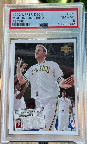1992 Upper Deck Retire Insert card Larry Bird Magic Johnson PSA 8 Lakers Celtics