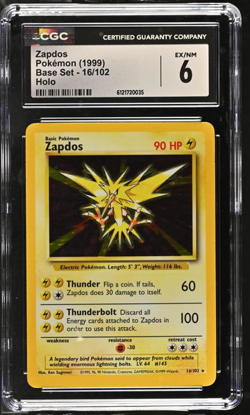 1999 Pokemon #16/102 Zapdos Holo CGC 6