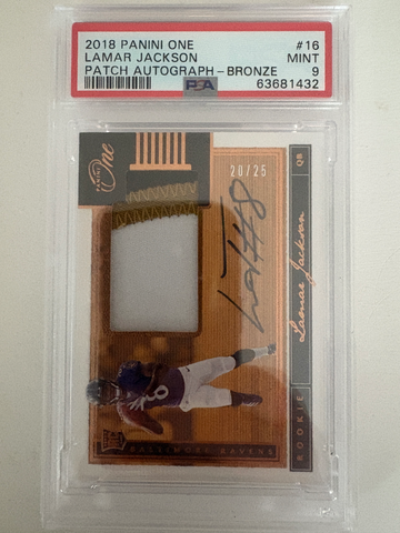 2018 Panini One #16 Lamar Jackson RC Patch Auto Bronzo /25 PSA 9