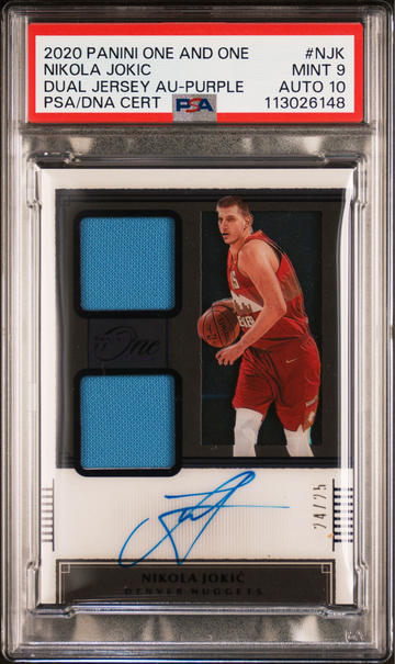 2020 Panini One and One Nikola Jokic Dual Jersey Purple /25 PSA 9/10