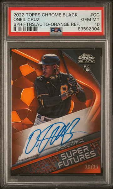 2022 TOPPS CHROME BLACK SUPER FUTURES AUTOGRAPHS SPR.FTRS.AUTO-ORANGE REF. RC ONEIL CRUZ /25 PSA 10