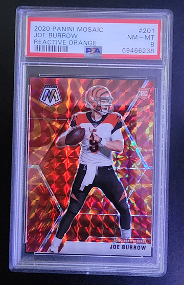 2020 Panini Mosaic Joe Burrow RC Reactive Orange Prizm PSA 8