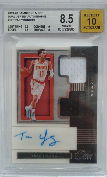2019-20 Trae Young 1/1 White Box Auto Panini One and One Dual Jersey Autographs – BGS 8.5/10 Auto Patch Auto