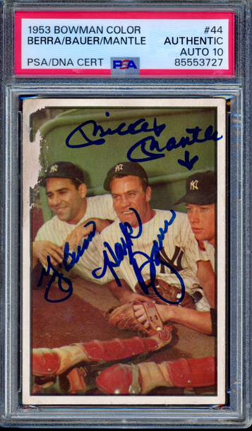 SIGNED Mickey Mantle 1953 Bowman Color Yogi Berra Hank Bauer #44 PSA 10 AUTO