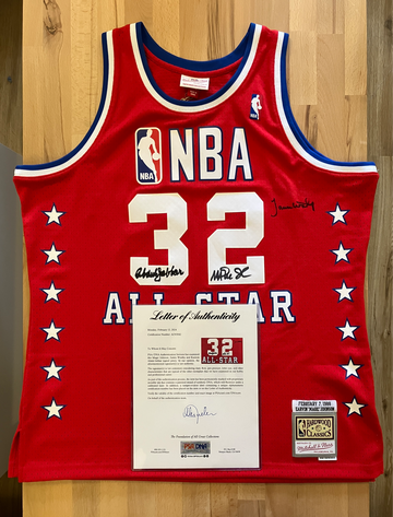 1988 NBA All Star Mitchell & Ness Jersey Signed By Kareem Abdul-Jabbar, Magic Johnson & James Worthy PSA COA & LOA