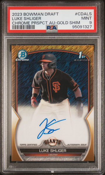2023 Bowman Draft Chrome Luke Shliger 1st Bowman Gold Shimmer Auto 36/50 PSA 9
