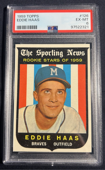1959 Topps #126, Eddie Haas, PSA 6 (Milwaukee Braves)