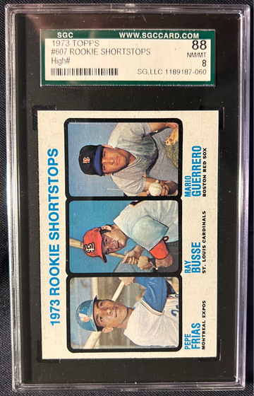 1973 Topps #607, SGC 8, Rookie Shortstops (Pepe Frias, Ray Busse, Mario Guerrero)