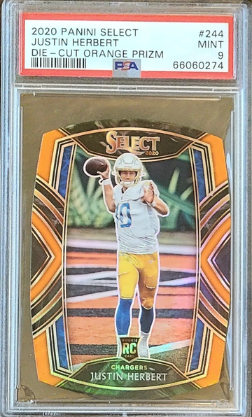 Justin Herbert Panini Select Club Level ORANGE PRIZM DIE-CUT PSA 9 POP 37 Rookie