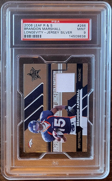 2006 BRANDON MARSHALL Worn Jersey Donruss Leaf Rookies & Stars /100 SILVER LONGEVITY PSA 9 Rookie 
