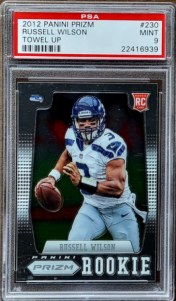 2012 Rare RUSSELL WILSON Panini Prizm Mislabeled TOWEL UP PSA 9 Rookie RC #130 Towel Down
