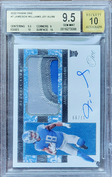2022 JAMESON WILLIAMS /99 Panini One 3 Color Jersey RPA Rookie Patch Auto 10 BGS 9.5 RC