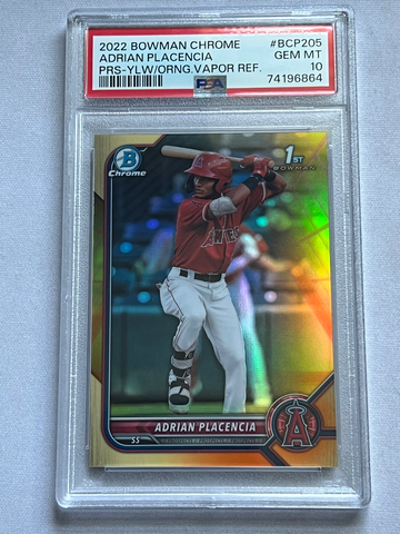 2022 Bowman Chrome Adrian Placencia 1st Chrome Yellow Orange Vapor Refractor /75 PSA 10