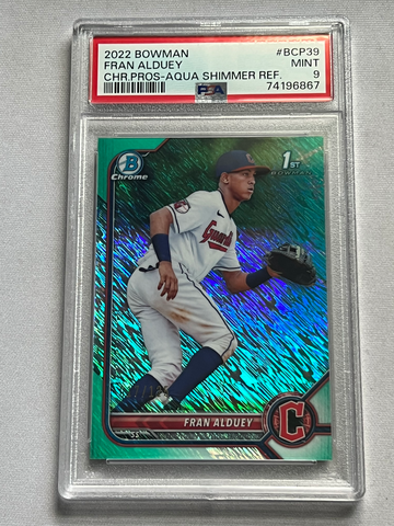 2022 Bowman Fran Alduey 1st Chrome Aqua Shimmer Refractor /125 PSA 9