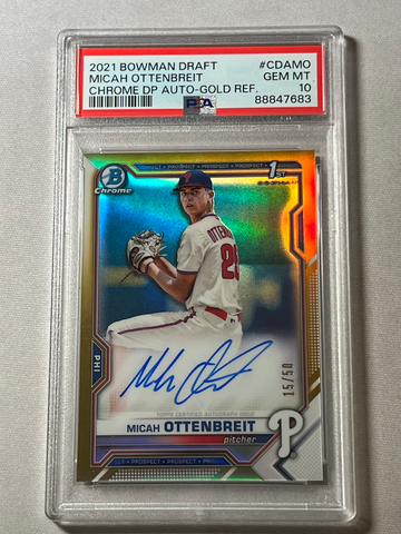 2021 Bowman Chrome Draft Autographs Gold Refractor 15/50 Micah Ottenbreit 1st Bowman Chrome Auto PSA GEM MINT 10
