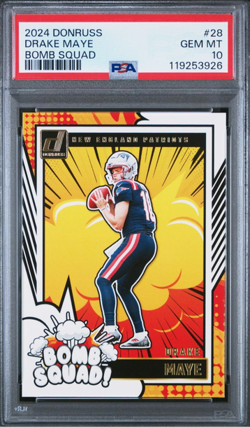 2024 Donruss Drake Maye 28 Bomb Squad PSA 10