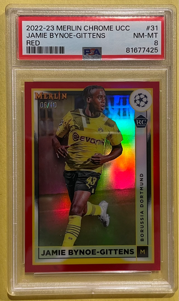 2022-23 Merlin Chrome UCC #31 Jamie Bynoe-Gittens Red PSA 8