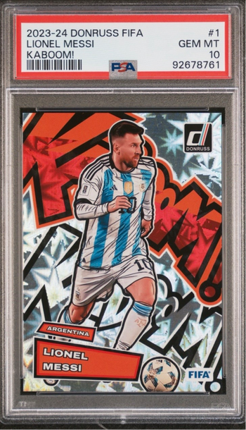 2023 Panini Donruss FIFA Lionel Messi Kaboom! PSA 10! SUPER RARE! POP 40! 