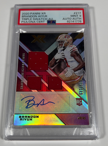 2020 Panini XR Triple Swatch Autographs #217 /149 Brandon Aiyuk PSA 9
