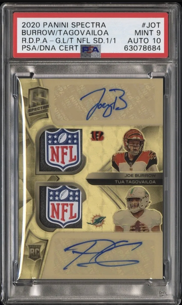 2020 Panini Spectra Joe Burrow 1/1 Rookie Auto/Tua Tagovailoa Auto GOLD NFL SHIE