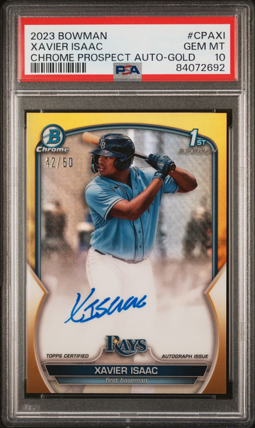 2023 Bowman Chrome Xavier Isaac Gold Refractor Auto #/50 PSA 10