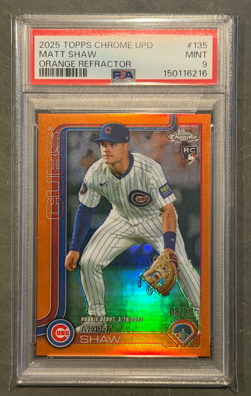 2025 Topps Chrome Update - Matt Shaw CHC - Rookie Debut RC Orange Refractor #8/25 - PSA 9