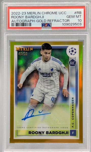 2022-23 Merlin Chrome UCC Gold Refractor Auto #RB Roony Bardghji 