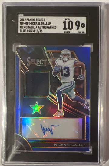 2019 Panini Select MP-MG Michael Gallup Memorabilia Autographed Blue Prizm #/75 SGC 10 Auto/9 Card.