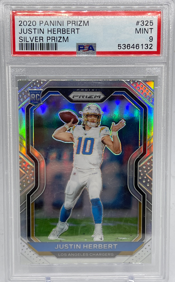 2020 Panini Prizm Football Justin Herbert Silver SP Parallel PSA 9 #325 Los Angeles Chargers Rookie Card RC