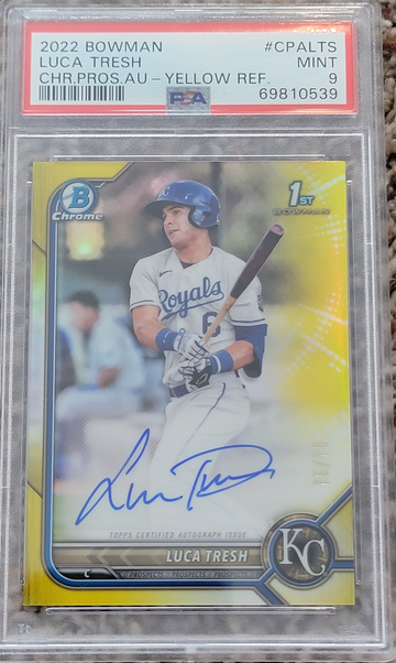 2022 Bowman Luca Tresh Chrome Prospect Auto Yellow Refractor /75 PSA 9