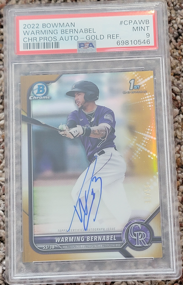 2022 Bowman Warming Bernabel Chrome Prospect Auto Gold Refractor PSA 9