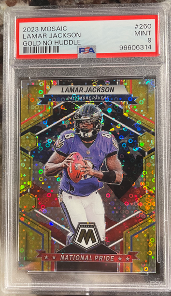 2023 Panini Mosaic Lamar Jackson Gold No Huddle /10 PSA 9