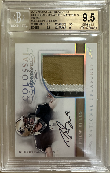 2016 National Treasures Colossal Signature Materials Prime Drew Brees Game Used Jersey /5 Gem Mint BGS 9.5 Auto 10 Pop 1