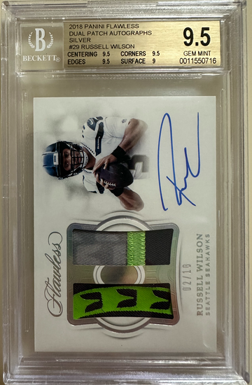 2018 Flawless Dual Patch Silver Russell Wilson Game Used Jersey /10 Gem Mint BGS 9.5 Auto 10 Pop 1