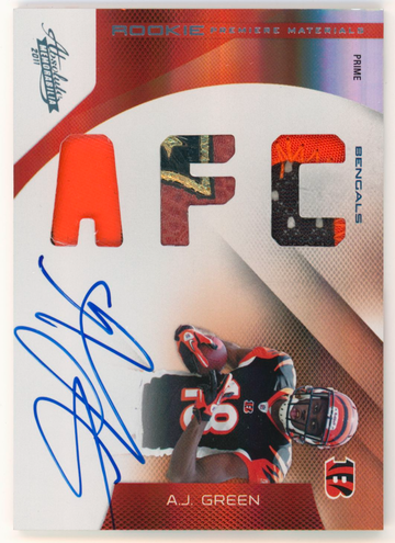 2011 PANINI ABSOLUTE AJ GREEN ROOKIE PATCH AUTO GOLD /25 PREMIERE MATERIALS GOLD