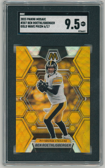 BEN ROETHLISBERGER 2023 MOSAIC FOOTBALL GOLD WAVE STEELERS /17 SGC 9.5