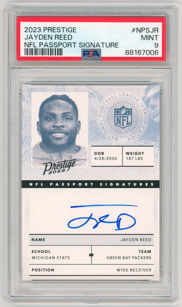 2023 Prestige Jayden Reed Rookie NFL Passport Signature Auto Packers PSA 9
