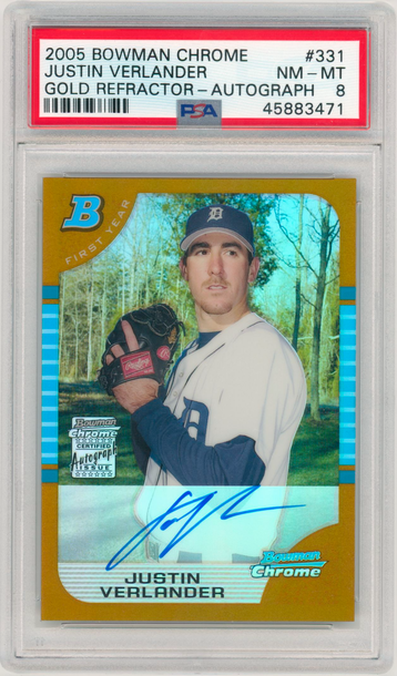 2005 BOWMAN CHROME JUSTIN VERLANDER 1ST ROOKIE GOLD AUTO PSA 8 #331 12/50 TIGERS