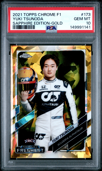 2021 Topps Chrome Sapphire F1 Yuki Tsunoda #173 Gold Refractor /50 RC PSA 10