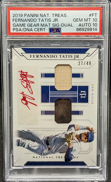 2019 PANINI NATIONAL TREASURES GAME GEAR MATERIALS SIGNATURES FT FERNANDO TATIS JR. DUAL GAME GEAR MAT SIG PSA 10 27/49