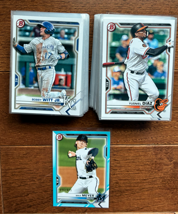 2021 Bowman Baseball Prospects qty 139 card lot, Bobby Witt Jr, Meyer /499