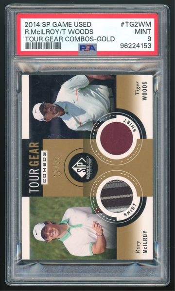 2014 SP GAME USED TOUR GEAR COMBOS GOLD TIGER WOODS RORY MCILROY ROOKIE /25 PSA 9