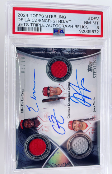 2024 Topps Sterling Elly de la Cruz Joey Votto Encarnacion-Strand Triple Autograph Relic #/10 PSA8 POP1 None Higher