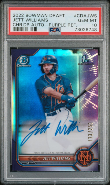 2022 Bowman Chrome Draft Jett Williams Prospect Purple Refractor Auto PSA 10