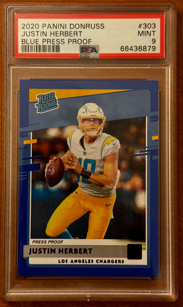 2020 Panini Donruss Justin Herbert Blue Press Proof PSA 9